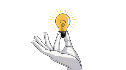 Hand holding illuminated light bulb in minimalist illustration with bright warm glow for creative inspiration