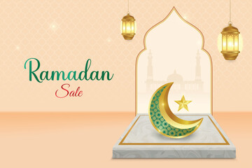 Ramadan Festive Sale Banner With Crescent Moon, Lantern, Podium And Hanging Lights On Beige Background. Vector Illustration For E-commerce, Web, Shopping Sale Etc.