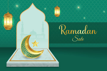 Ramadan Festive Sale Banner With Crescent Moon, Lantern, Podium And Hanging Lights On Green Background. Vector Illustration For E-commerce, Web, Shopping Sale Etc.
