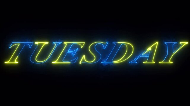 Neon Tuesday Typography &ndash; Orange & Blue Glowing Text on Dark Background. Glowing neon text Tuesday.