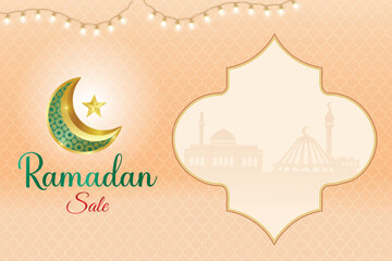 Ramadan Festive Sale Banner With Crescent Moon, Lantern, Podium And Hanging Lights On Beige Background. Vector Illustration For Greetings, E-commerce, Web, Shopping Sale Etc.