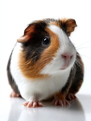 A small brown and white guinea pig is sitting on a white surface