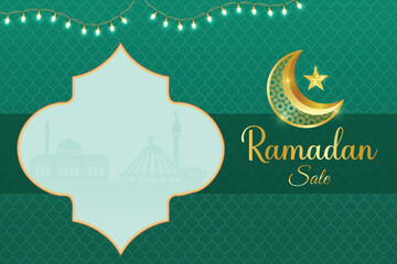 Ramadan Festive Sale Banner With Crescent Moon, Lantern, Podium And Hanging Lights On Green Background. Vector Illustration For Greetings, E-commerce, Web, Shopping Sale Etc.