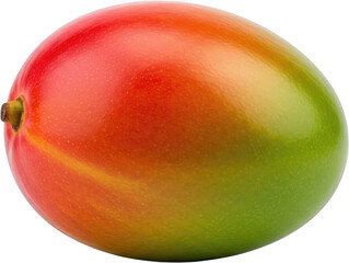 A ripe mango fruit displays a gradient of vibrant red and green hues showcasing its smooth slightly textured skin and a small stem tropical food natural transparent background