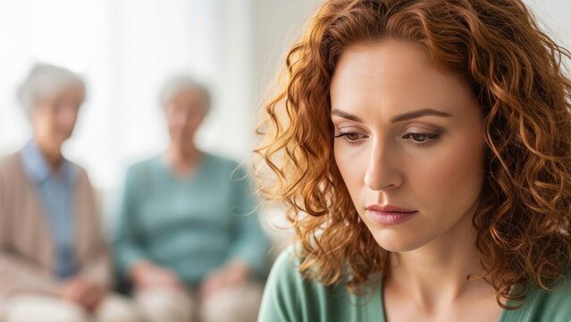 Young Woman with Red Curly Hair Looking Down Feeling Sad and Worried with Blurred Older People in Background.