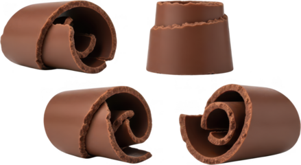 A collection of four realistic milk chocolate shavings and curls showcasing various textures and spiral shapes in a studio setting dessert sweet ingredient transparent background