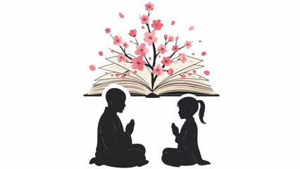 Silhouettes of children practicing childhood spirituality, sitting serenely in meditation pose. Open book with cherry blossoms illustrates natural childhood spirituality.