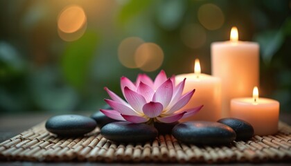 Zen spa composition with lotus flower, pebbles, burning candles. Wellness still life for meditation, yoga, relaxation. Natural elements with candles create calm atmosphere for healthy lifestyle.