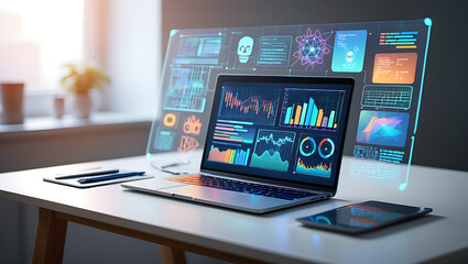 Modern workspace featuring advanced data analytics on multiple devices