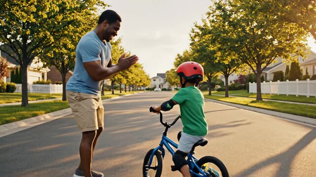 Man helping boy ride bicycle on street