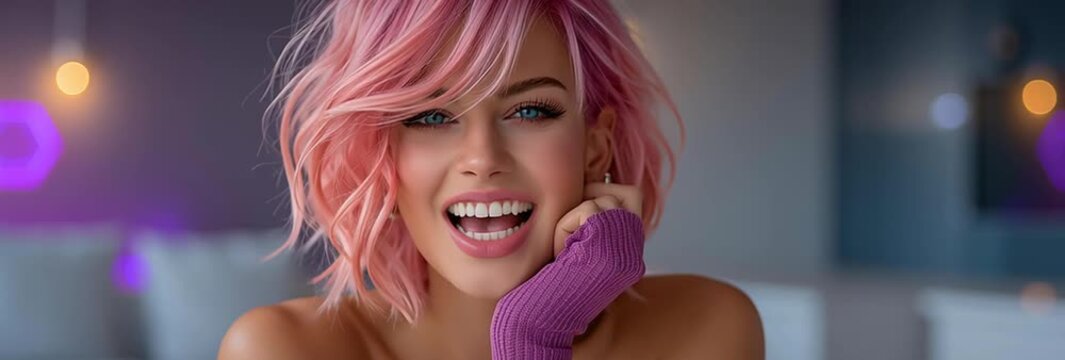 beautiful teenager in pink futuristic living room, cute young lady in modern futuristic interior, stylish woman in pink scifi living room