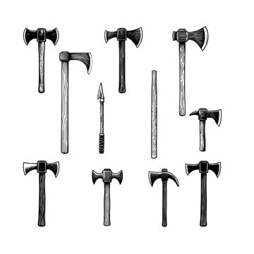 A set of vector images of medieval weapons. Equipment, axes, and poleaxes, isolated on a white background. Weapons and tools. Vector illustration.