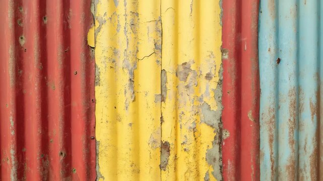 Rustic metal wall with vibrant colors showing wear and tear in an outdoor setting