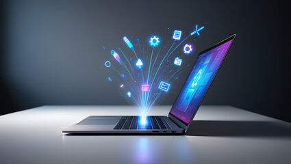 Modern laptop displaying digital icons and data