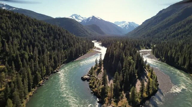 Majestic River Valley Landscape with Coniferous Forest and Snow-Capped Mountains