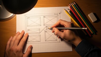 Overhead view of a persons hands sketching a website wireframe on paper with pencils and an eraser nearby illuminated by a desk lamp.