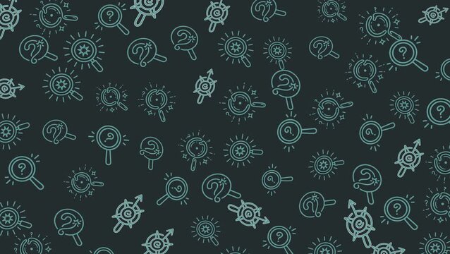 Seamless looping animation of search and idea line icons with magnifying glass, question mark, target, and insight symbols. Perfect for research, analysis, and creative thinking backgrounds.