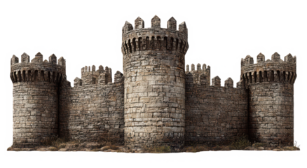Medieval castle wall with towers isolated on transparent background in a fantasy setting