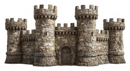 Medieval stone castle with towers and battlements isolated on transparent background