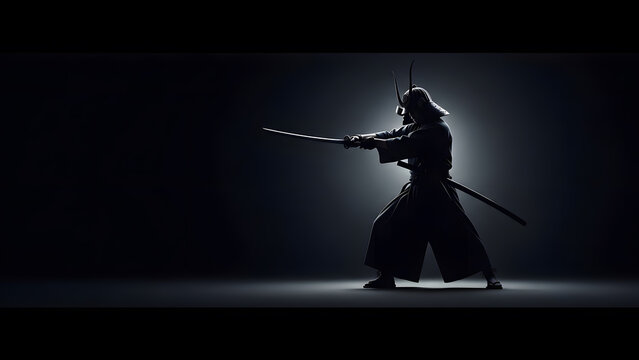 Samurai warrior silhouette holding sword in dramatic pose