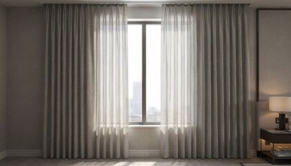 Medium shot of seamless widewidth curtains elegantly framing a hotel room window highlighting smooth fabric texture and reduced vertical seams.