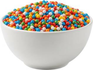 A white ceramic bowl filled with colorful crunchy sprinkles in shades of red blue green yellow and white candy confectionery baking dessert sweet sugar transparent background