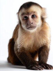 Obraz premium A baby monkey with a brown and white face is sitting on a white background