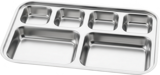 Rectangular stainless steel cafeteria tray featuring five divided compartments with rounded corners and a highly reflective surface stainless steel tray transparent background