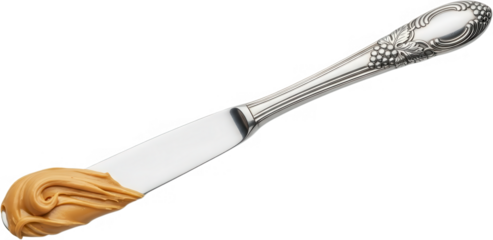 A decorative silver knife spreading smooth creamy peanut butter with visible swirl textures on its blade delicious food utensil metal ornate handle vintage transparent background