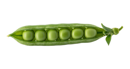 A green pea pod is open and showing six peas inside on a transparent background