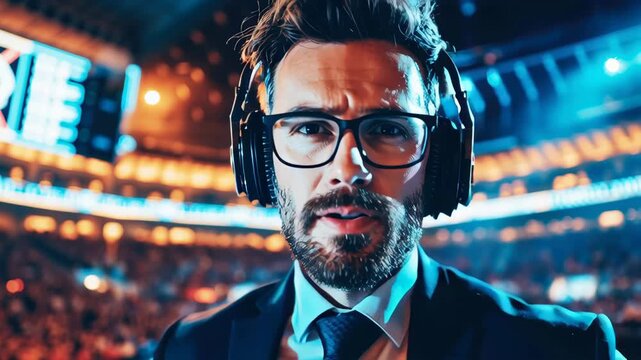 Commentator prepares for a live esports event with excitement and focus
