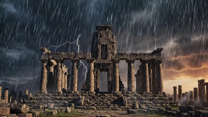 Ancient Ruined Temple in Dramatic Storm with Lightning and Rain