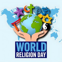 world religion day illustration with hands holding globe and multiple religious symbols on sky background promoting unity, peace and interfaith harmony
