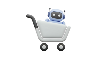 Cartoon Robot Sitting in Shopping Cart.