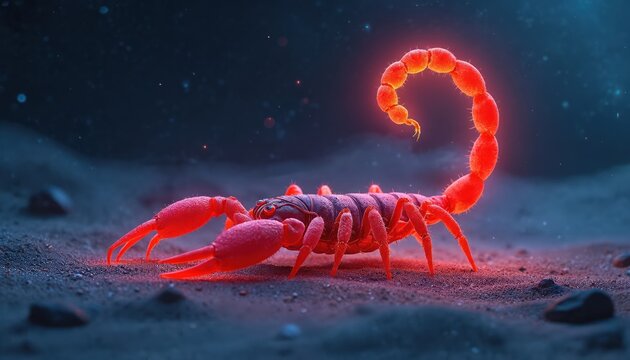 Red scorpion glows intensely on dark sand under starry sky. Mystical creature prowls at night, emitting eerie light. Danger lurks in the desert.