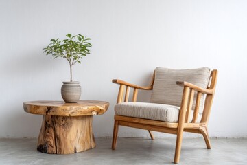 Fototapeta premium Natural wood furniture and potted plant sit against a white wall.