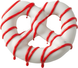 A white pretzel decorated with red icing stripes and drips creating a festive and sweet confectionery treat baked good snack holiday gourmet dessert bakery transparent background