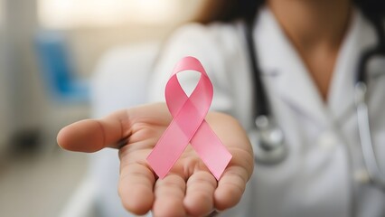 
Breast Cancer pink ribbon awareness on woman hand, bow color concept raising awareness campaign on female patient with breast tumor illness bow isolated with clipping path