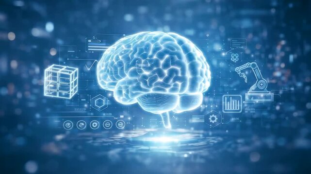 Glowing digital brain visualization with connected data interfaces showcasing intelligence research, neural computing, and advanced analytics
