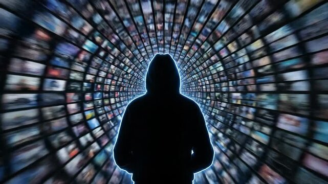 Anonymous Hacker Silhouette in Digital Tunnel of Screens Representing Cyber Security and Data Privacy.