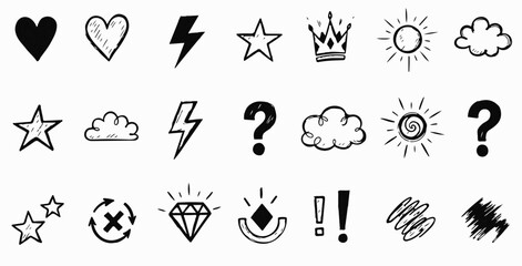 Hand Drawn Doodle Icons Set &ndash; Hearts, Stars, Clouds, Lightning, Sun and Symbols