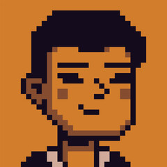 Pixel art portrait of young man with short dark hair and neutral expression, retro 8-bit game character, avatar, profile icon, UI element, sticker, indie digital projects.