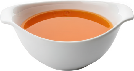 A white ceramic gravy boat filled with smooth vibrant orange sauce showcasing a sleek modern design with elegant curves pouring sauce liquid food cuisine transparent background