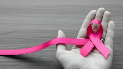 
Breast Cancer pink ribbon awareness on woman hand, bow color concept raising awareness campaign on female patient with breast tumor illness bow isolated with clipping path
