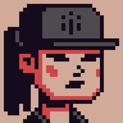 Pixel art portrait of young woman wearing cap retro 8-bit style character game character, avatar, profile icon, UI element, stickers and indie digital project.