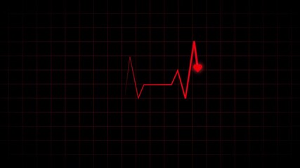 Cardiogram recording animation with red ECG waveform ending in heart icon on dark grid background. Medical heartbeat monitor visualization for healthcare technology, clinical diagnostics, and digital  - Powered by Adobe