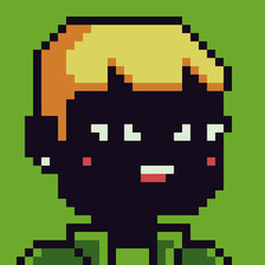 Pixel art portrait of young boy with blond hair and dark skin tone retro 8-bit style character, avatar, profile icon, UI element, sticker, and indie digital project