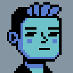 Pixel art portrait of young boy with blue hair, retro 8-bit style character, avatar, profile icon, UI element, sticker, and indie digital project.