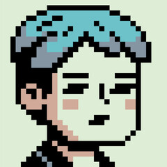 Pixel art portrait of young boy with blue hair, retro 8-bit style character, avatar, profile icon, UI element, sticker, and indie digital project.