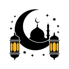 Celebrating ramadan with crescent moon, mosque, and lanterns under the starry night sky